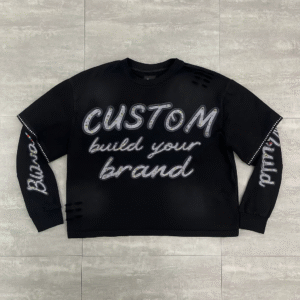 Custom Streetwear Tee Sun Faded Acid Washed Rhinestone Boxy GEM Stone Distressed Double Layer Long Sleeve T Shirt